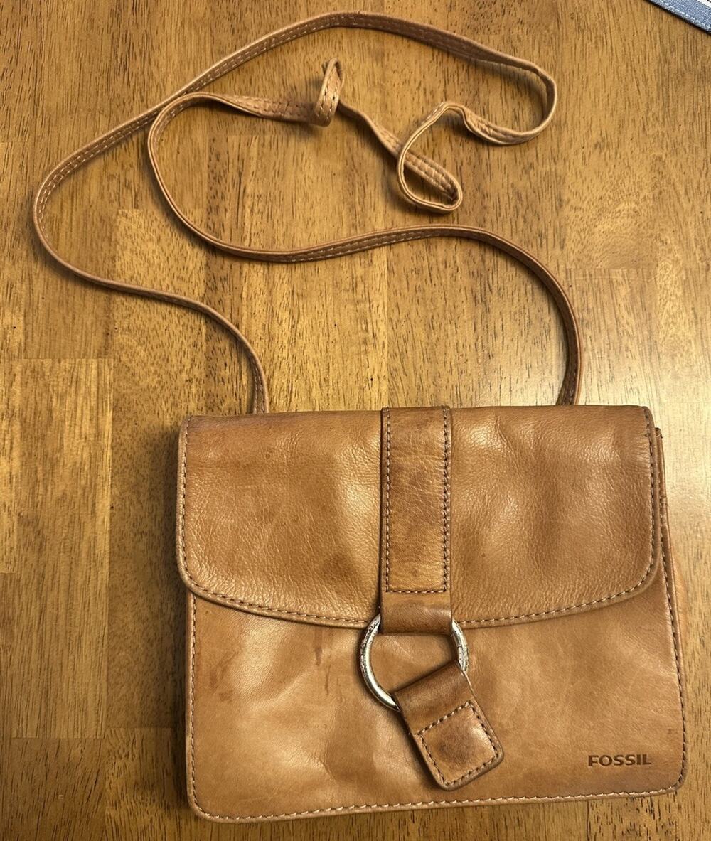 Vintage FOSSIL Purse Organizer Pocket Crossbody Shoulder Bag Brown Leather Retro